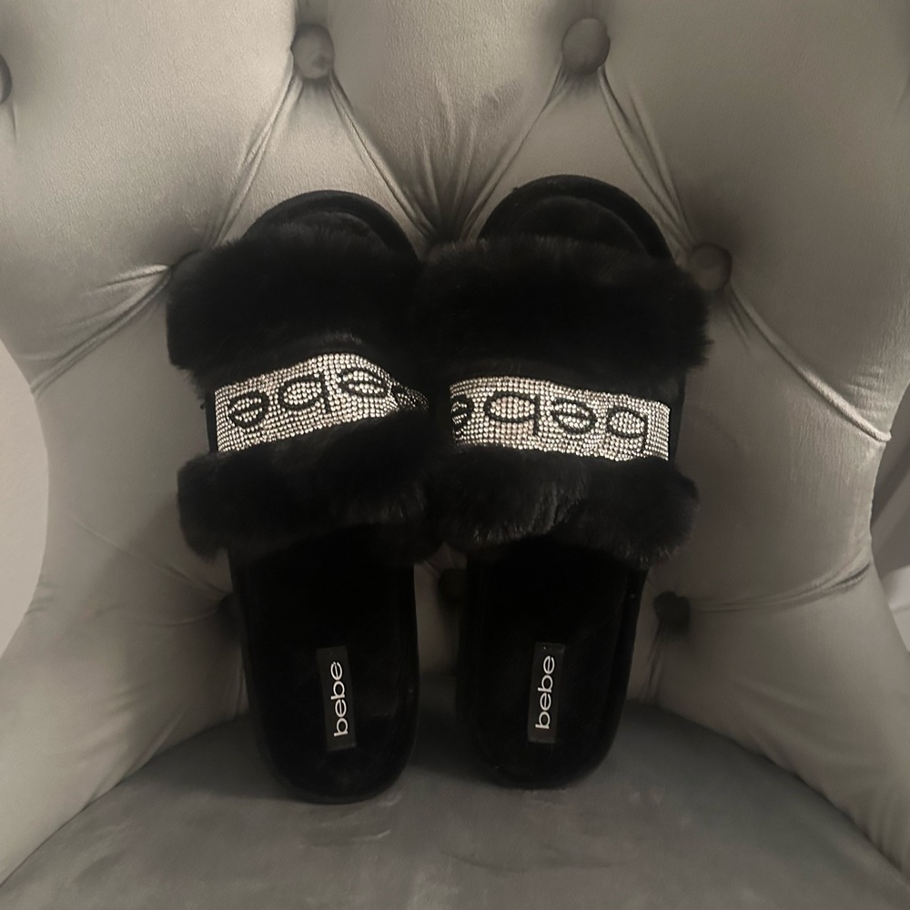 Bebe Black Cozy Slippers with Plush Fur